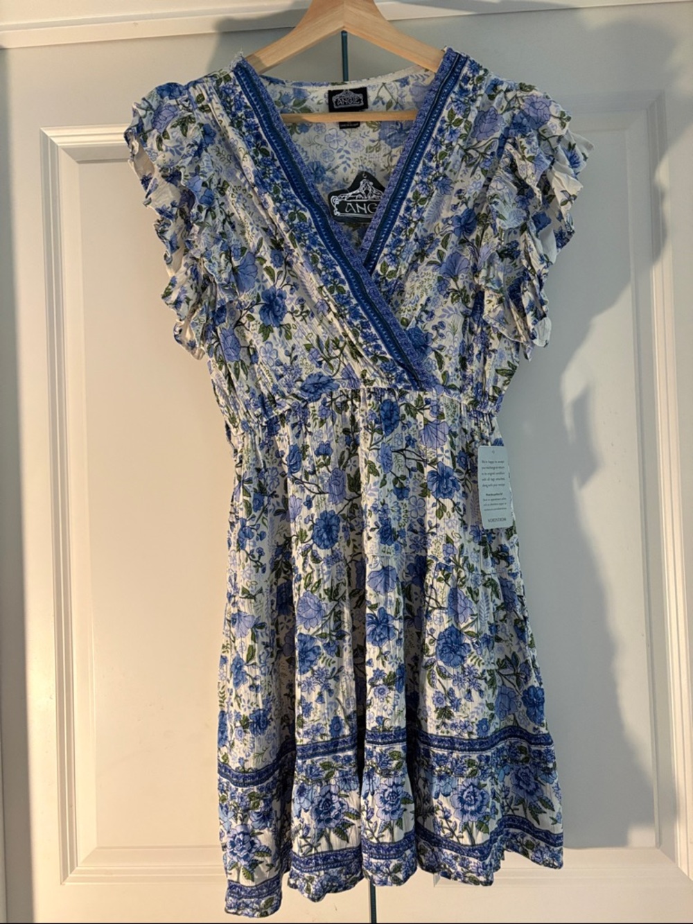 Angie White and Blue Floral Ruffled V-Neck Mini Dress